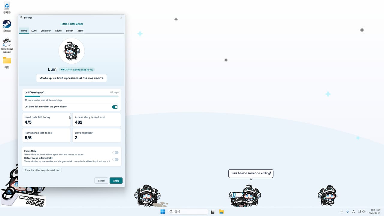 Little LUMI Model settings window showing affection, head pats, and three Lumis walking the Windows taskbar