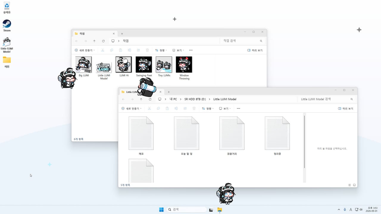 Two Lumis climbing File Explorer windows on a Windows 11 desktop in Little LUMI Model